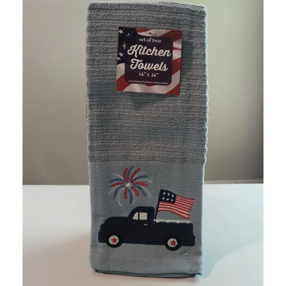 Patriotic Kitchen Towels Set of Two Fireworks Flag and Truck Embroidered 100% Co